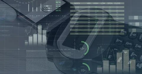 Image of graphs over smartphone with copy space and payment terminal Stock Photos