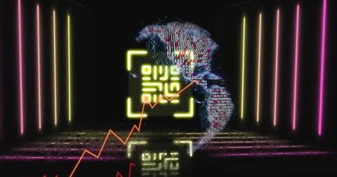 Image of graphs over spinning globe and neon qr code scanner against black Stock Photos