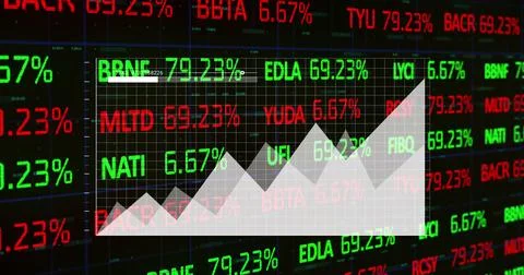 Image of graphs over trading board with number against black background Illustrazione stock