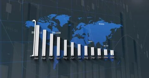 Image of graphs over world map and coordinates in navy digital space Stock Photos