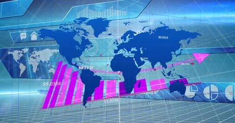 Image of graphs over world map and blue digital screen Foto stock