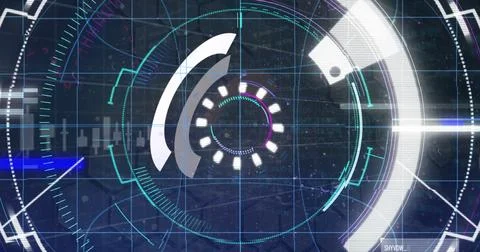 Image of graphs, processing circle and glitch on digital screen Stock Photos