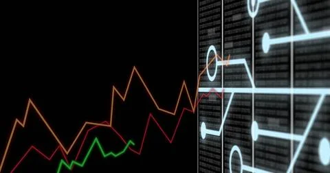 Image of graphs, processing data and network transferring data on black Stock Illustration