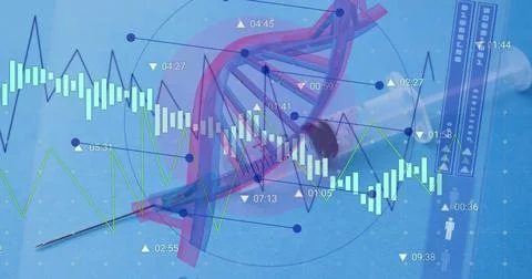 Image of graphs processing data over dna strand and syringe on blue background Stock Illustration