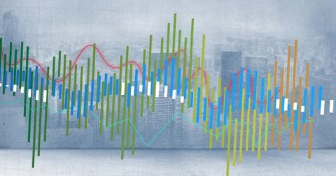 Image of graphs processing data over cloudy cityscape Foto stock