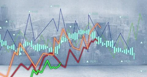 Image of graphs processing data over cloudy cityscape Foto stock