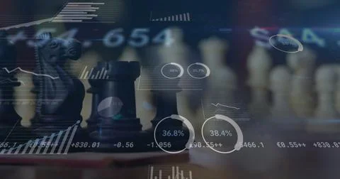 Image of graphs processing data over chess pieces on dark background Stock Photos