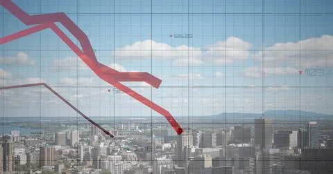 Image of graphs processing data over cloudy sky and cityscape Foto stock