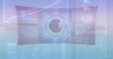 Image of graphs, radar, globe in circle and computer language over abstract Foto stock