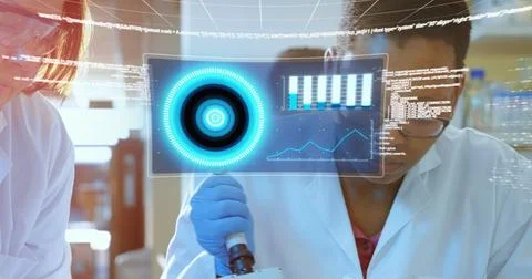 Image of graphs, radars, map and computer language, diverse female scientists Stock Photos