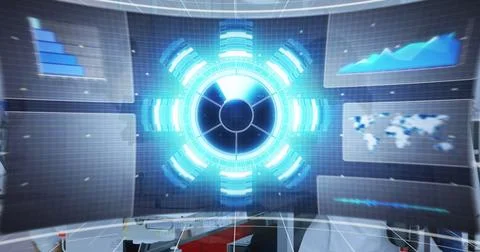 Image of graphs, radars, map, computer language, diverse scientists working in Stock-Fotos