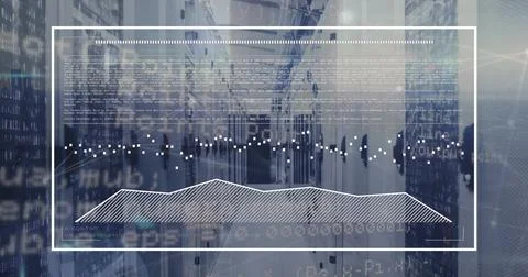 Image of graphs in rectangle and computer language over server room Foto stock