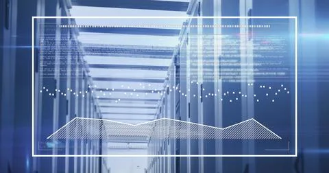 Image of graphs in rectangle and lens flares over server room 스톡 사진
