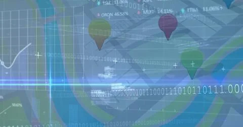 Image of graphs rolling with data and information over a map with pins イラスト素材