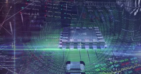 Image of graphs rolling with data and information over a metal shape Stock Photos