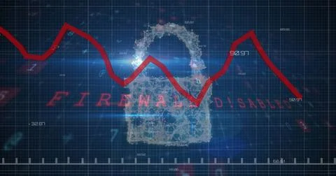 Image of graphs, scanning and digital padlock on navy background Foto stock