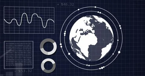 Image of graphs, statistics, binary coding and financial data processing Illustrazione stock