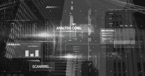 Image of graphs, texts, lens flare, programming language over low angle view of Stock-Fotos