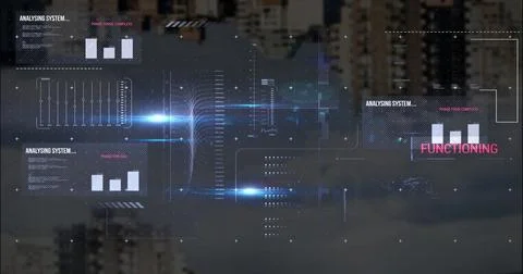 Image of graphs, texts, loading bars and computer language, modern building.. Stock Photos