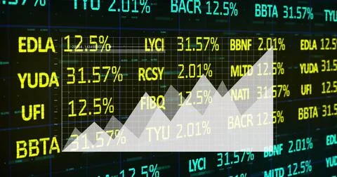 Image of graphs, trading board, binary codes, programming language over nav.. Stock Illustration