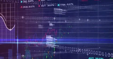 Image of graphs, trading board, binary codes and computer language over abstract 스톡 사진