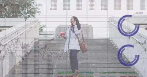 Image of graphs, trading board, biracial woman talking on phone with coffee Stock Illustration