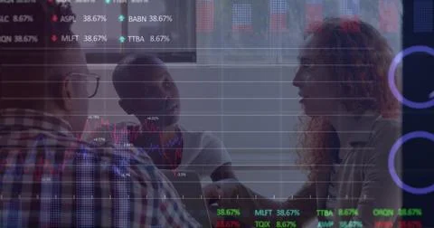 Image of graphs, trading boards, computer language, diverse coworkers sharing 스톡 사진