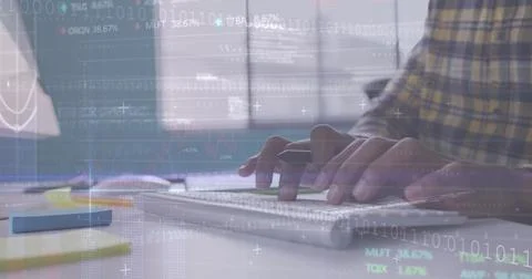 Image of graphs, trading boards, computer language, caucasian man scrolling on 스톡 사진