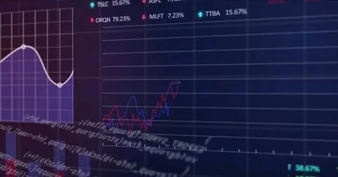 Image of graphs, trading boards, loading circles and computer language over Foto stock