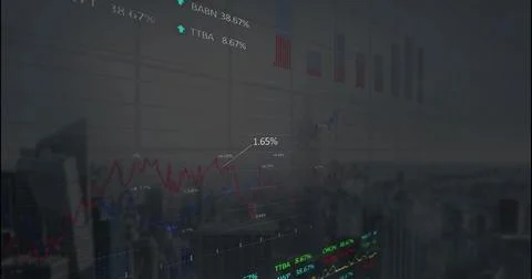 Image of graphs, trading boards, loading circles over aerial view of modern Stock Photos