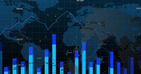 Image of graphs, world map and financial data over black digital space Stockillustratie