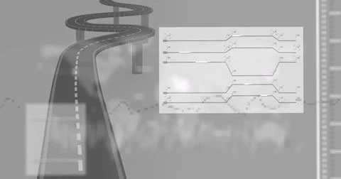 Image of graphs, world map over road on grey background 스톡 일러스트