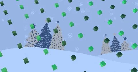 Image of green 3d cube icons in seamless pattern over christmas tree icons on Illustrazione stock