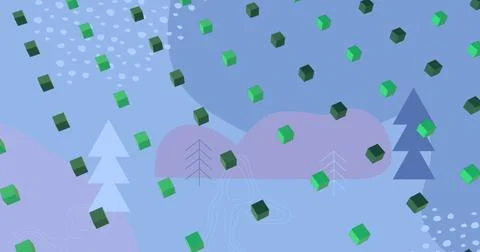 Image of green 3d cube icons in seamless pattern over christmas tree icons on Stock Illustration