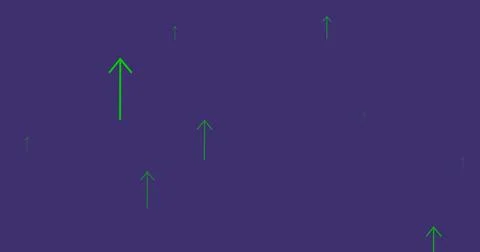 Image of green arrows pointing up moving on purple background Stock Illustration