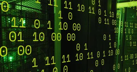 Image of green binary code over servers 스톡 일러스트