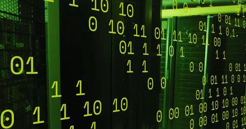 Image of green binary code over servers Illustrazione stock