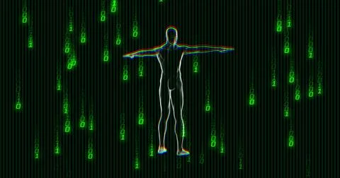 Image of green binary coding data processing over human body spinning on black Illustrazione stock