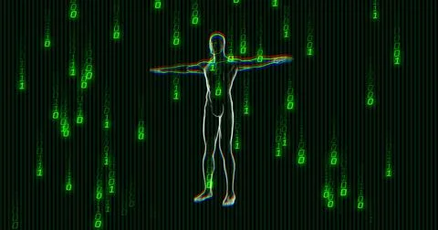 Image of green binary coding data processing over human body spinning on black Illustrazione stock