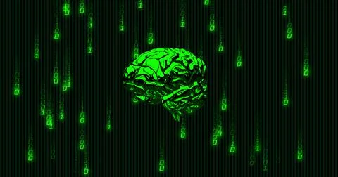 Image of green binary coding data processing over glowing green human brain on Illustrazione stock