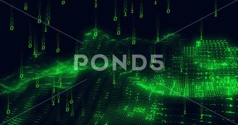 Image of green binary coding data processing over waving on black background 스톡 일러스트