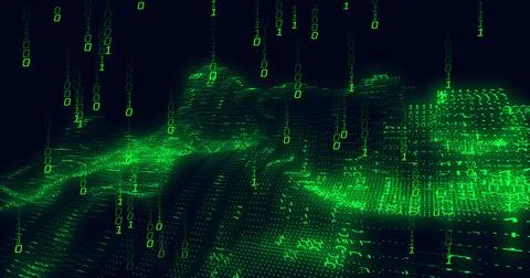 Image of green binary coding data processing over waving on black background Stock Illustration