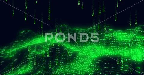 Image of green binary coding data processing over waving on black background 스톡 일러스트