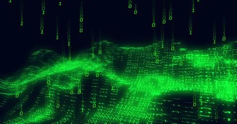 Image of green binary coding data processing over waving on black background Stock Illustration