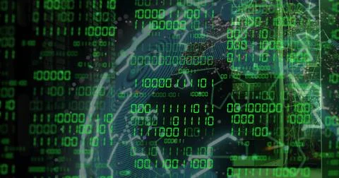 Image of green binary data processing over global network on dark background 스톡 사진