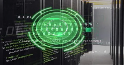 Image of green circle with data over servers Stock Photos