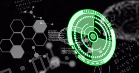 Image of green circle with scientific data and brain on black background Foto stock