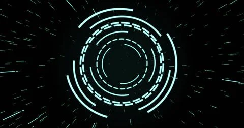 Image of green circular interfaces pulsating and spinning over specks on black Stock Illustration