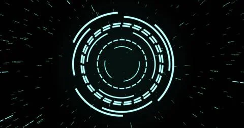 Image of green circular interfaces pulsating and spinning over specks on black イラスト素材