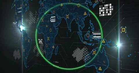 Image of green circular shape against data processing over world map on bla.. Stock Photos